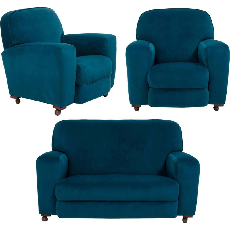 Set of Art deco curved blue teal velvet sofa and 2 armchairs vintage, 1930s