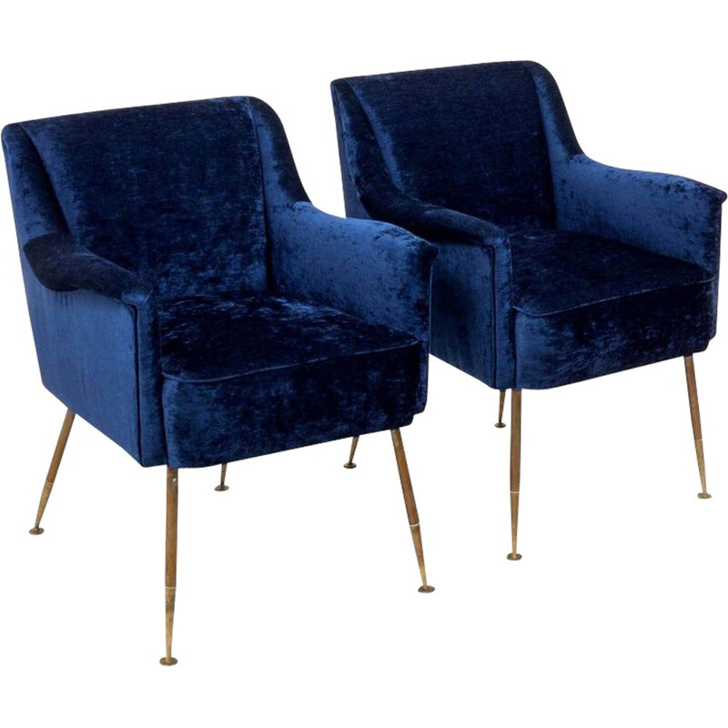 Pair of vintage blue velvet and brass armchairs, camelia by Carlo Pagani for Arflex, 1951