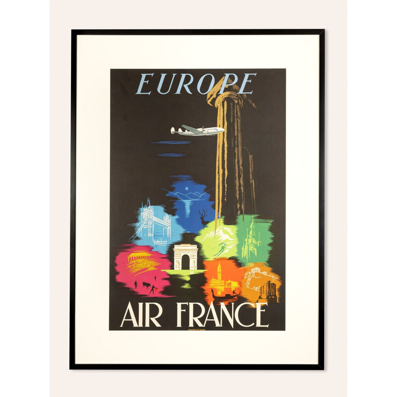 Cartaz publicitário Vintage com moldura de madeira "Air France", França 1960