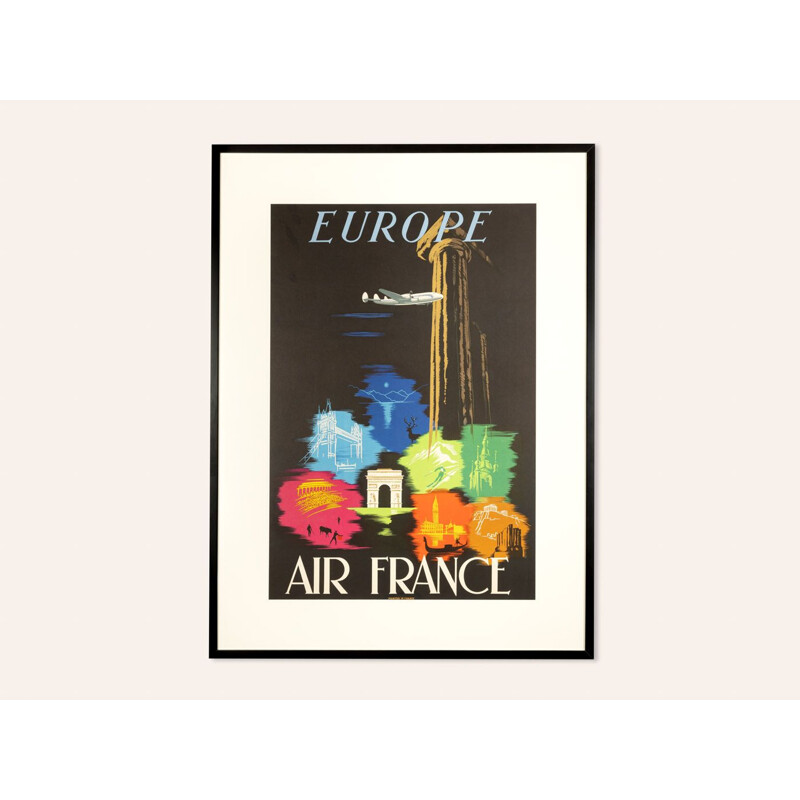 Cartaz publicitário Vintage com moldura de madeira "Air France", França 1960