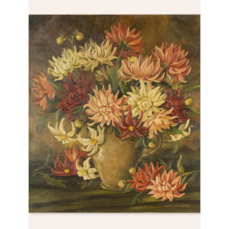 Vintage oil on canvas bouquet of flowers by Heinrich Koslowsky-Griese, 1950s