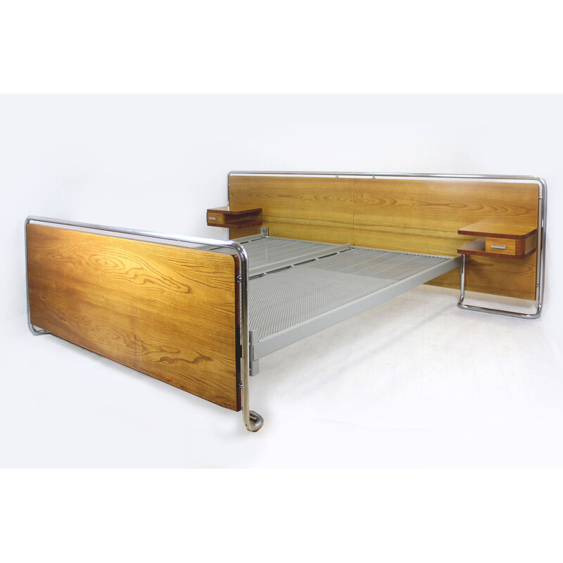 Vintage Bauhaus chromed tubular steel bed with nightstands by Rudolf Vichr, Czechoslovakia 1940s