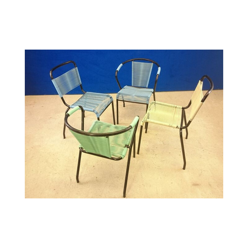 Set of four scoubidou chairs and armchairs - 1960s