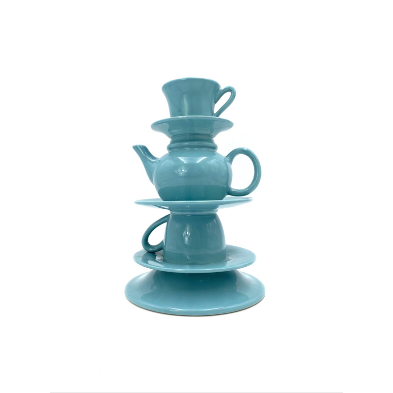 Vaso vintage empilhado com chávenas de chá azul, Itália 1980