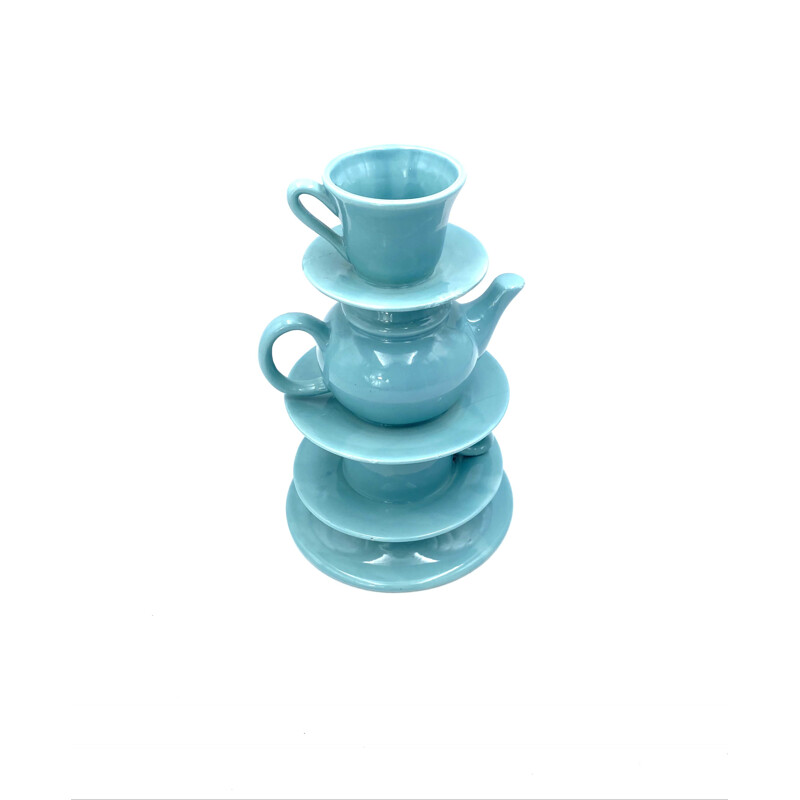 Vaso vintage impilato con tazze da tè blu, Italia 1980