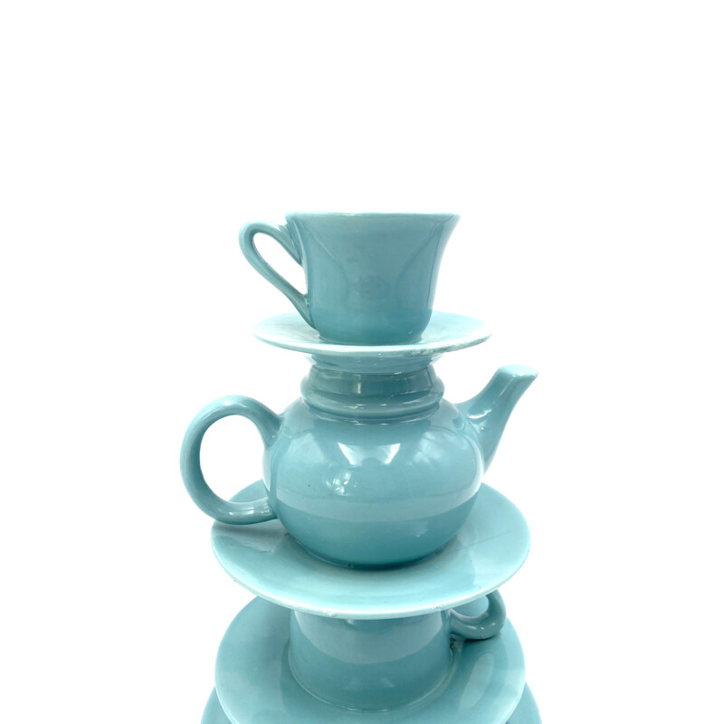 Jarrón vintage apilado con tazas de té azules, Italia 1980