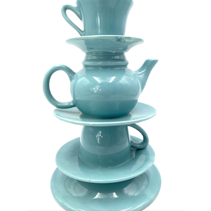 Vintage Vase gestapelt mit blauen Teetassen, Italien 1980