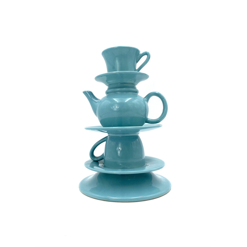 Vaso vintage empilhado com chávenas de chá azul, Itália 1980