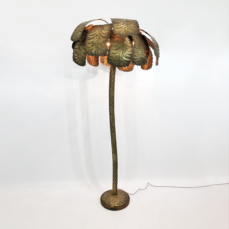 Mid century brutalist brass palm tree floor lamp Hollywood Regency, Spain 1970s