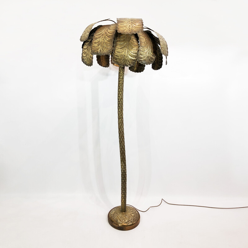 Mid century brutalist brass palm tree floor lamp Hollywood Regency, Spain 1970s