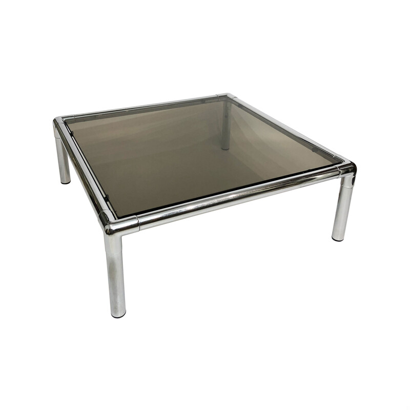 Vintage chrome coffee table habitat smoked glass by Rodney Kinsman for OMK, United Kingdom 1970s