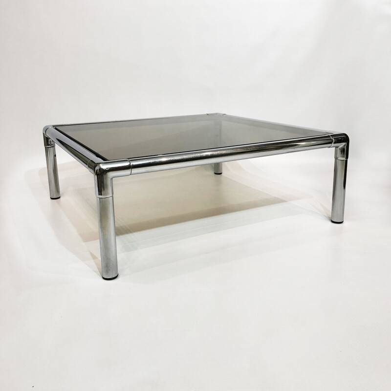 Vintage chrome coffee table habitat smoked glass by Rodney Kinsman for OMK, United Kingdom 1970s