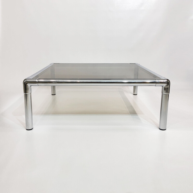 Vintage chrome coffee table habitat smoked glass by Rodney Kinsman for OMK, United Kingdom 1970s