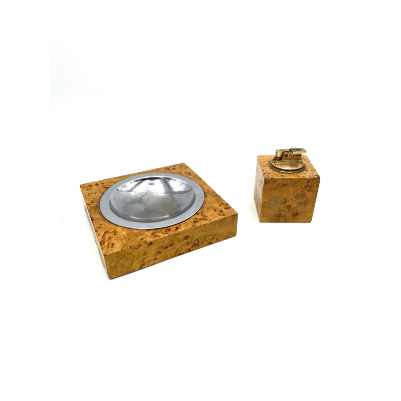 Vintage briarwood & brass ashtray and table lighter, Italy 1970