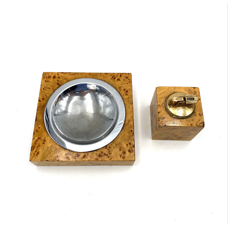 Vintage briarwood & brass ashtray and table lighter, Italy 1970