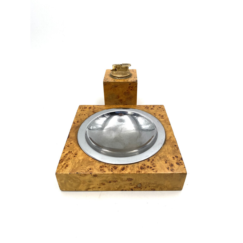 Vintage briarwood & brass ashtray and table lighter, Italy 1970