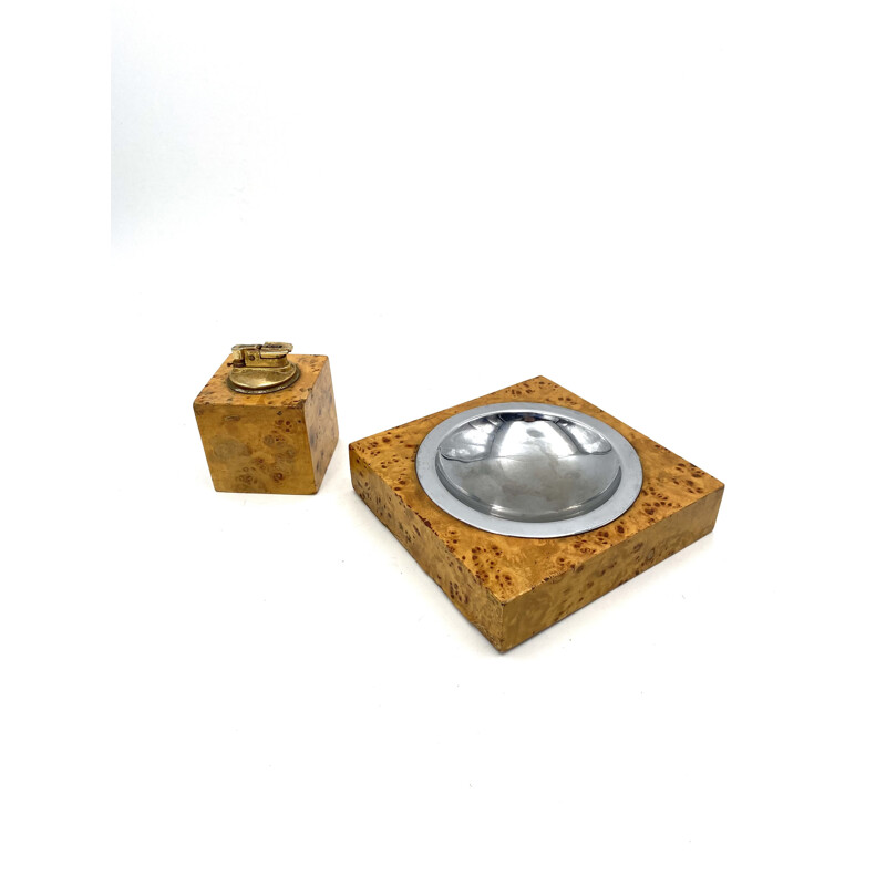 Vintage briarwood & brass ashtray and table lighter, Italy 1970