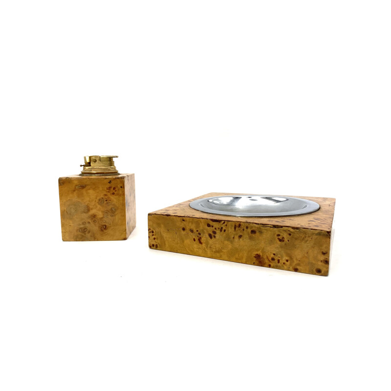 Vintage briarwood & brass ashtray and table lighter, Italy 1970