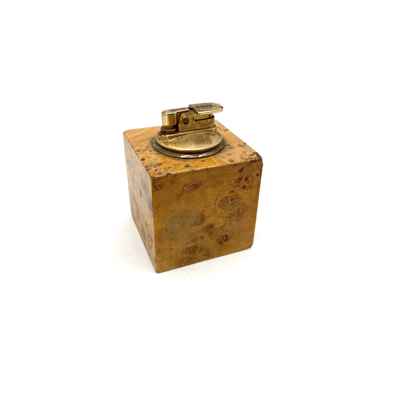 Vintage briarwood & brass ashtray and table lighter, Italy 1970