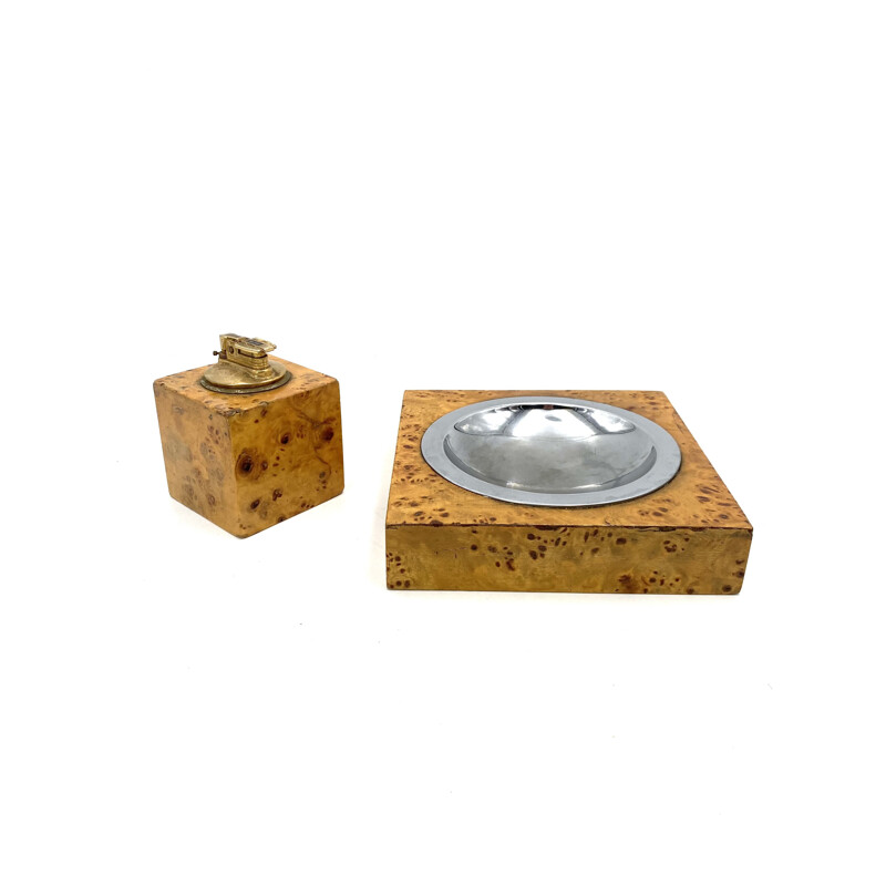 Vintage briarwood & brass ashtray and table lighter, Italy 1970