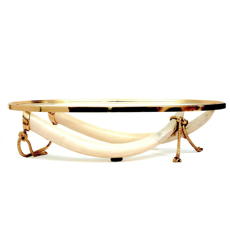 Vintage coffee table in fake tusks bronze and brass by Italo Valenti, Spain 1970