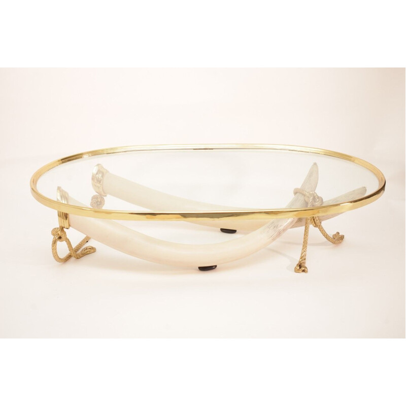 Vintage coffee table in fake tusks bronze and brass by Italo Valenti, Spain 1970