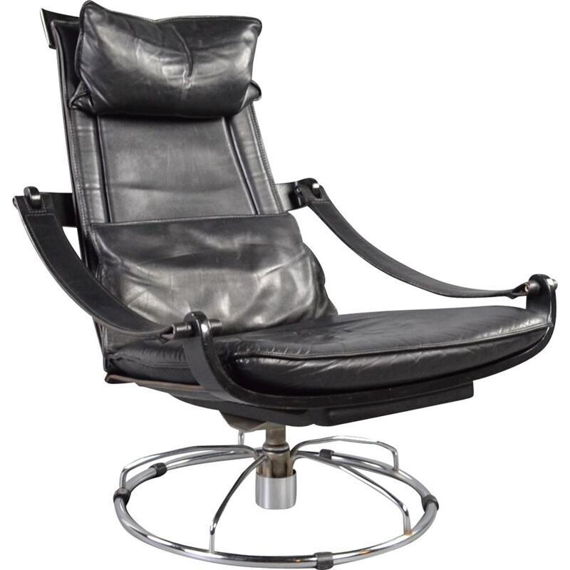 Vintage swivel armchair in black leather by Ake Fribytter for Nelo Möbel