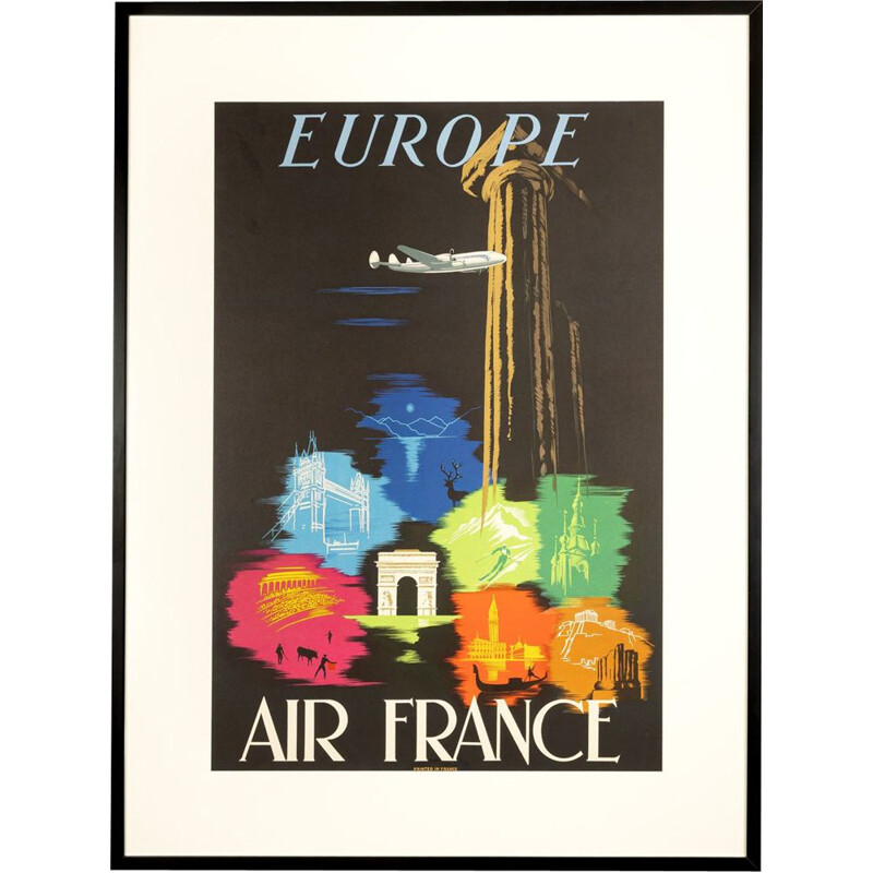 Affiche publicitaire vintage cadre en bois "Air France", France 1960