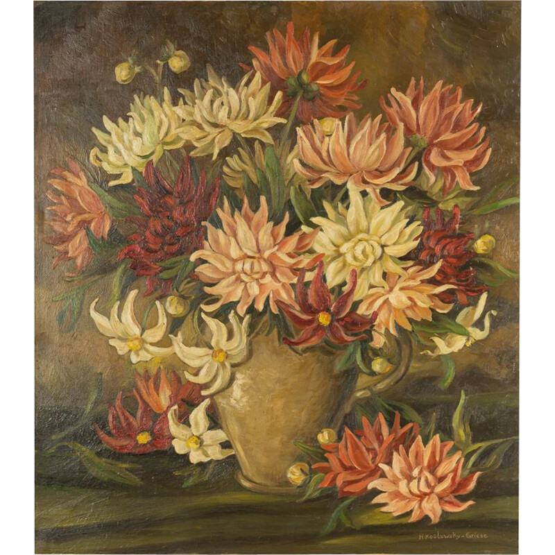 Vintage oil on canvas bouquet of flowers by Heinrich Koslowsky-Griese, 1950s