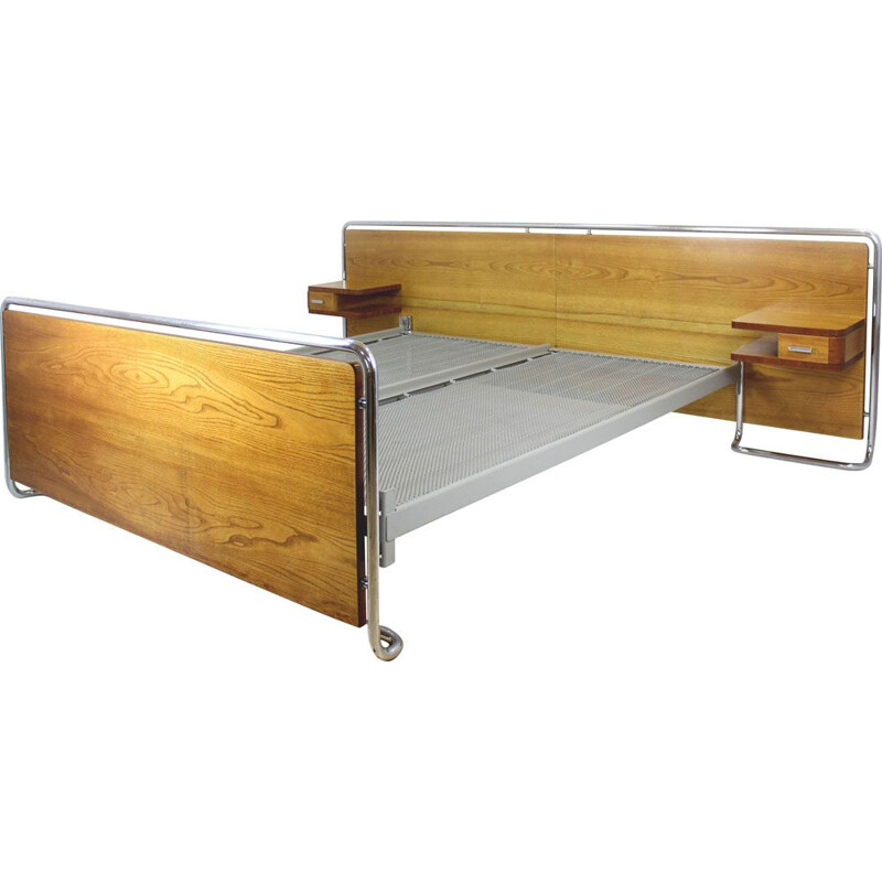 Vintage Bauhaus chromed tubular steel bed with nightstands by Rudolf Vichr, Czechoslovakia 1940s