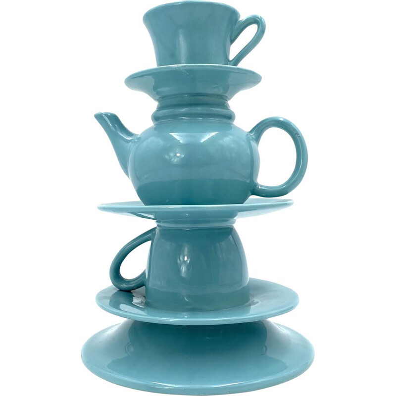 Jarrón vintage apilado con tazas de té azules, Italia 1980