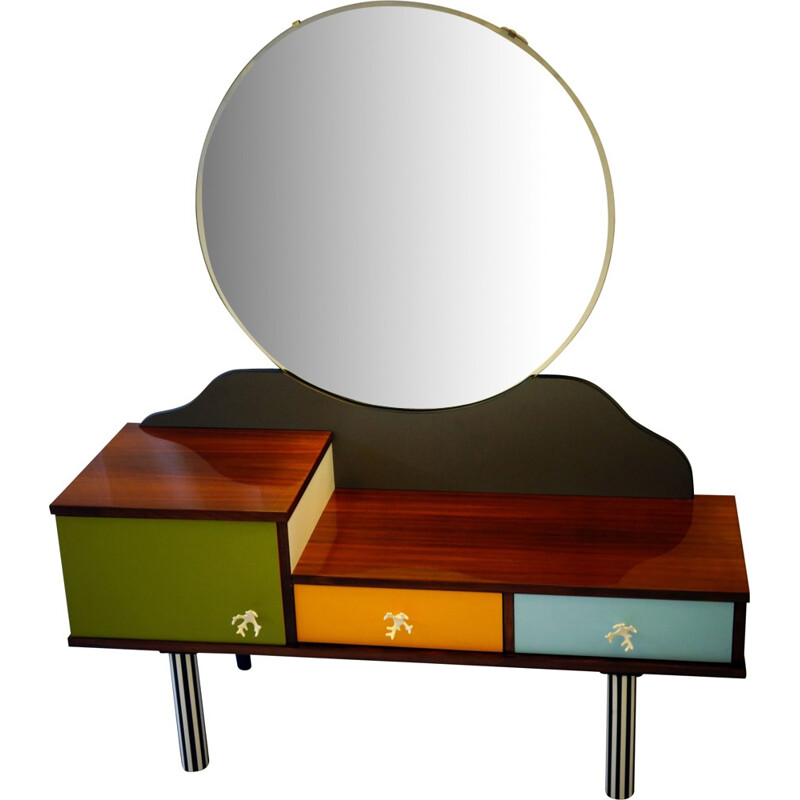 Coiffeuse à miroir rond en bois multicolore et métal - 1960