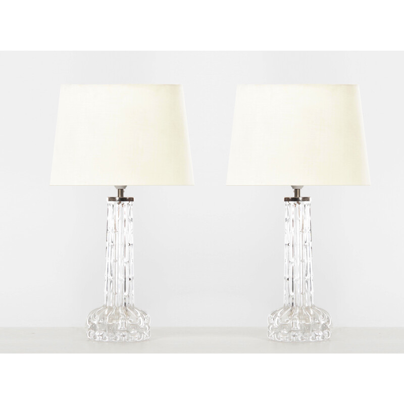 Paire de lampes de table vintage en cristal de Carl Fagerlund pour Orrefors