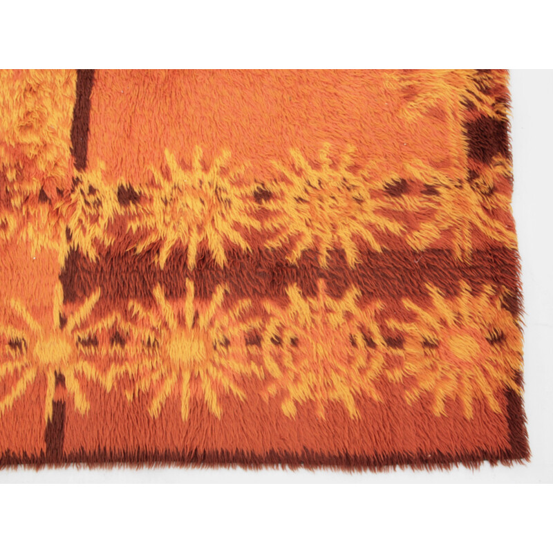 Scandinavian vintage rya rug in virgin wool with sun patterns, Sweden