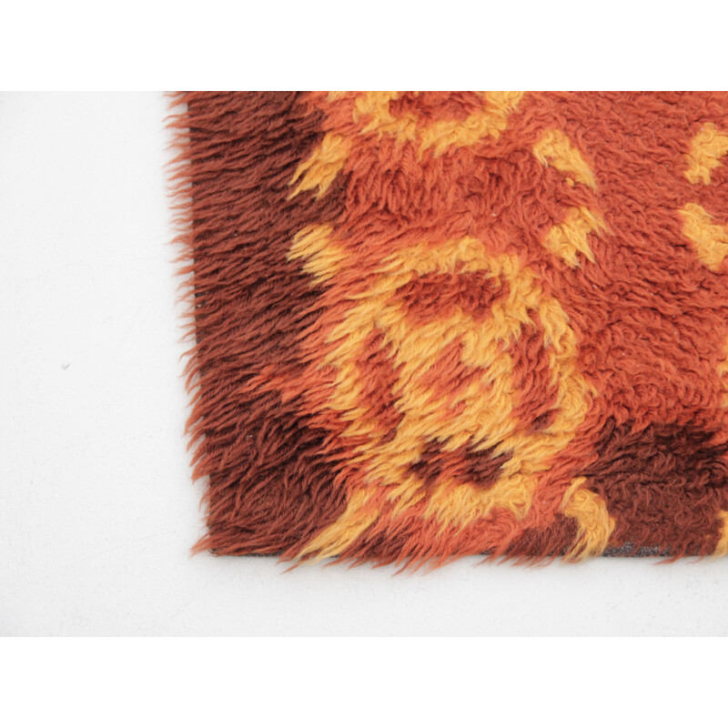 Scandinavian vintage rya rug in virgin wool with sun patterns, Sweden