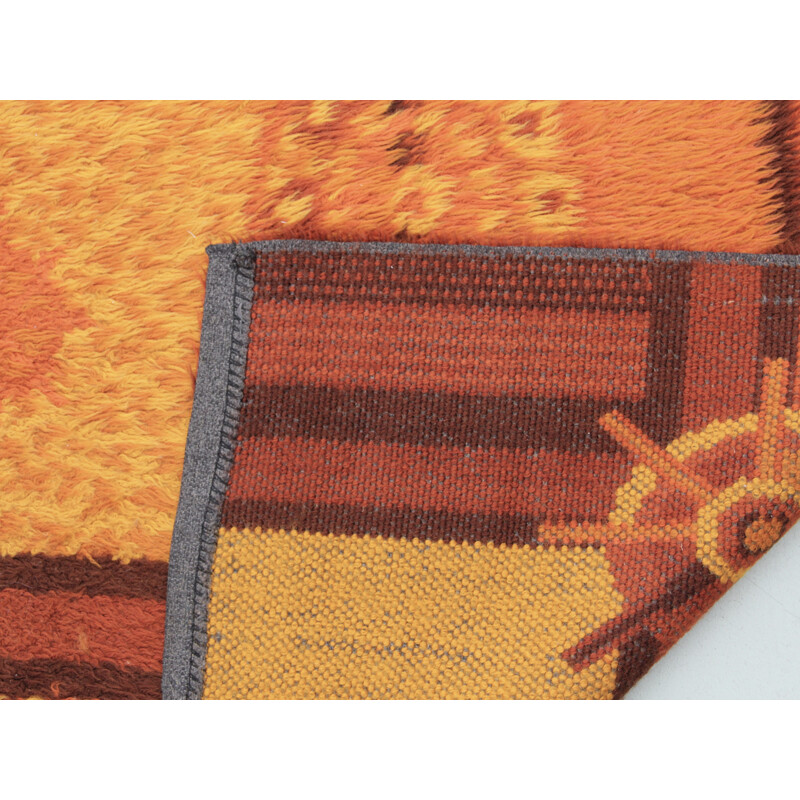 Scandinavian vintage rya rug in virgin wool with sun patterns, Sweden