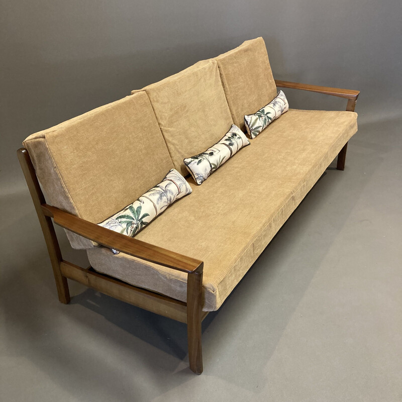 Vintage 3 seater teak and velvet sofa, Scandinavian 1950