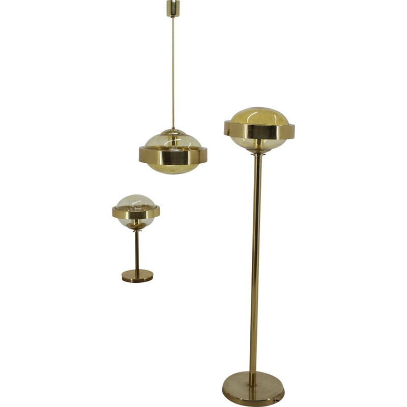 Vintage brass floor lamp, pendant lamp and lamp by Kamenicky Senov, Czechoslovakia 1970