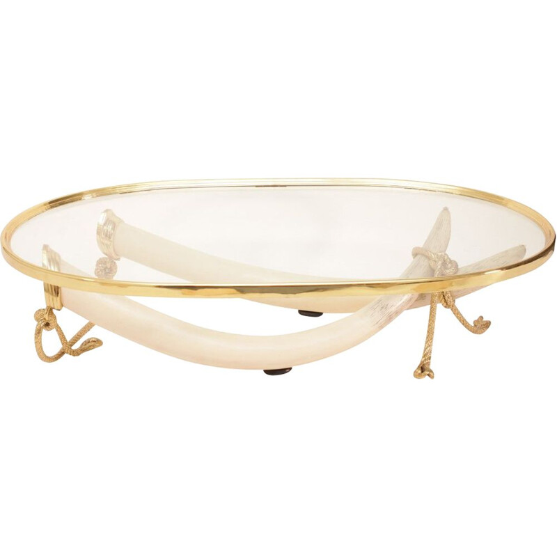 Vintage coffee table in fake tusks bronze and brass by Italo Valenti, Spain 1970