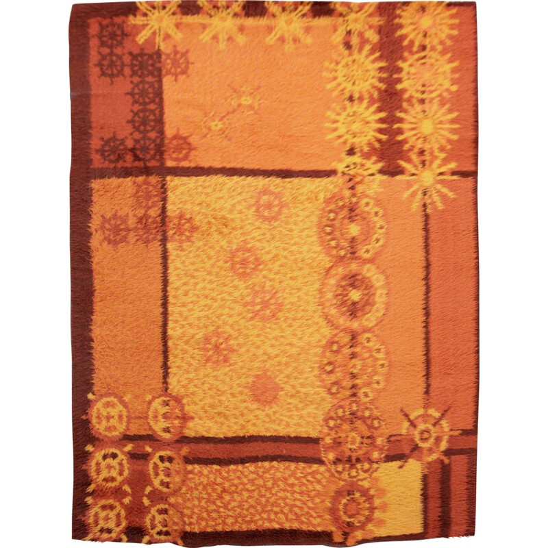 Scandinavian vintage rya rug in virgin wool with sun patterns, Sweden