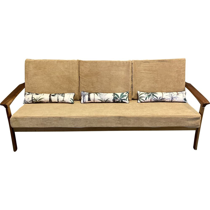 Vintage 3 seater teak and velvet sofa, Scandinavian 1950