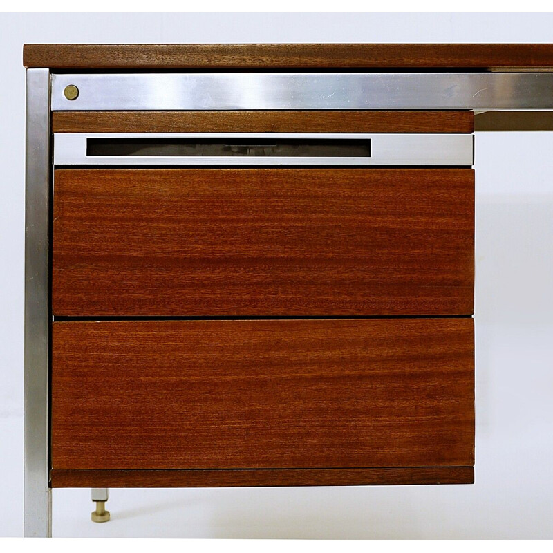 Vintage chrome and mahogany desk by Pierre Guariche, France 1960s