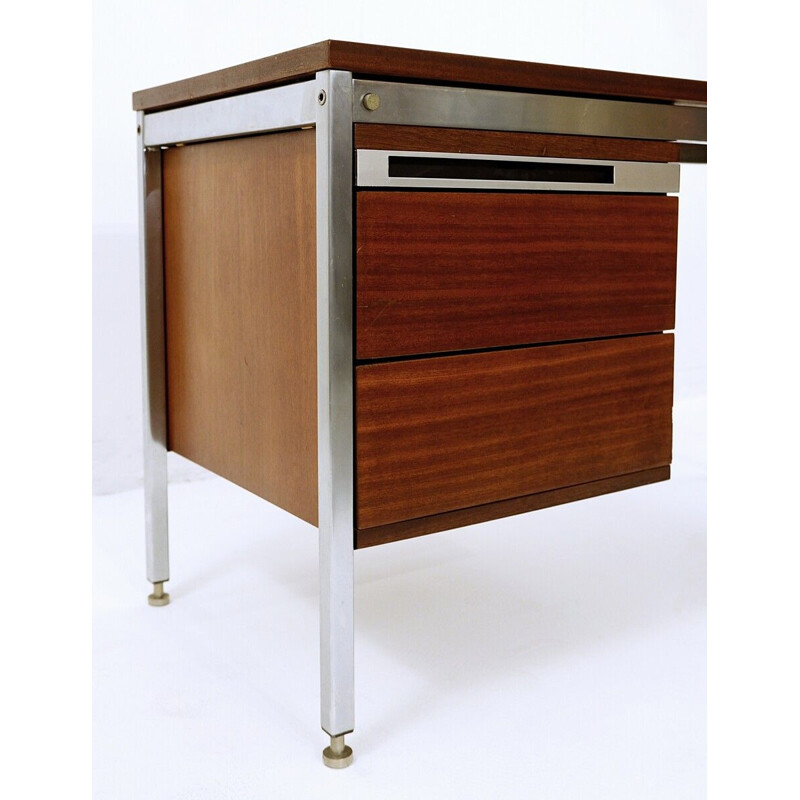 Bureau vintage en chrome et acajou par Pierre Guariche, France 1960