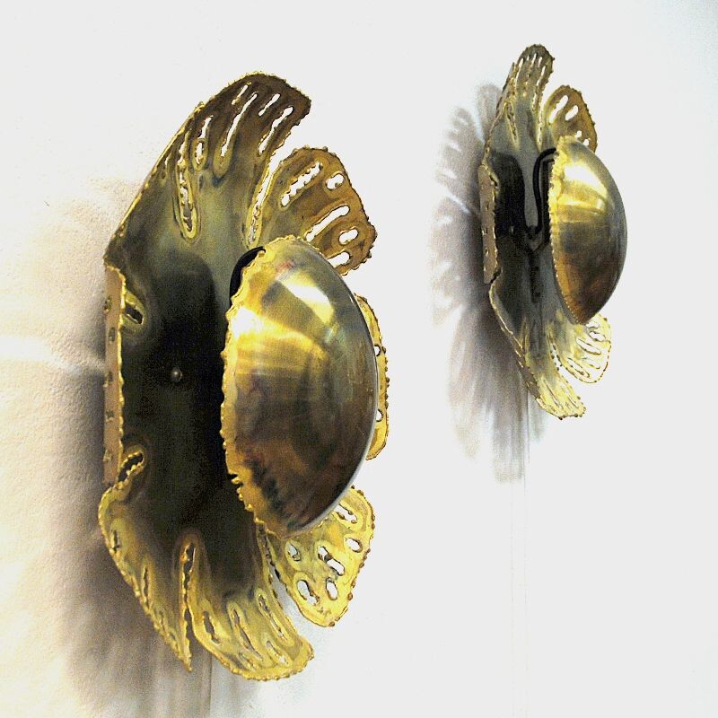 Pair of vintage Brutalist brass and floral sconces by Svend Aage Holm-Sørensen, Denmark 1960s