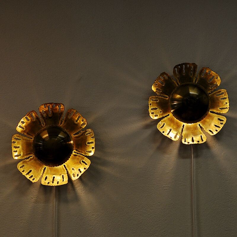 Pair of vintage Brutalist brass and floral sconces by Svend Aage Holm-Sørensen, Denmark 1960s