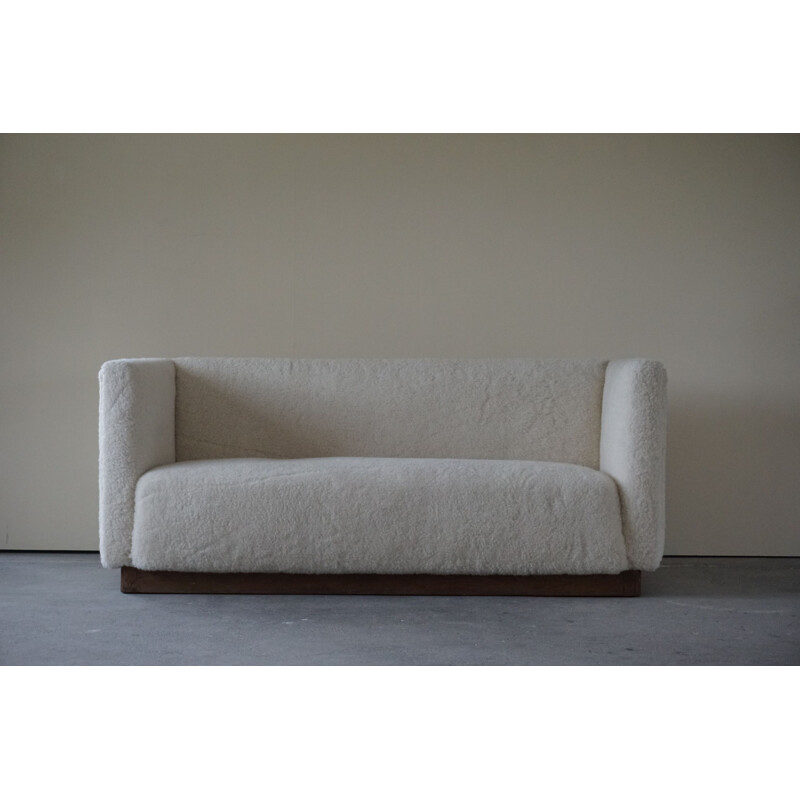 Freestanding Art Deco vintage 3-seater sofa reupholstered in sheep skin, 1930s