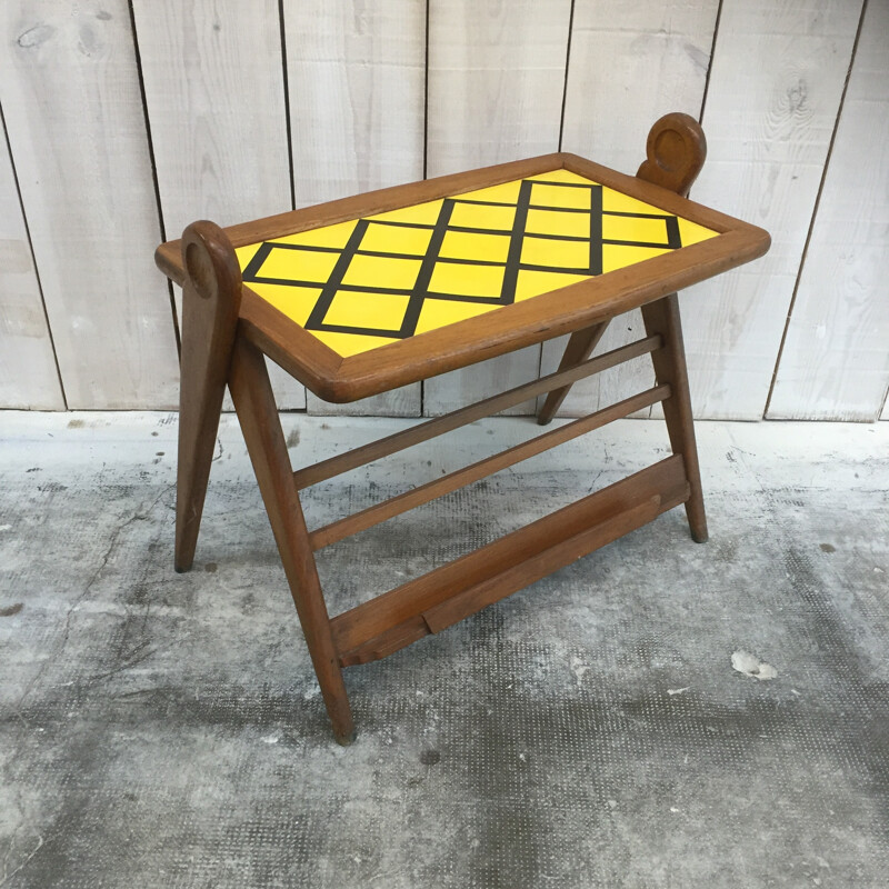 Side table in oakwood and yellow formica - 1960s