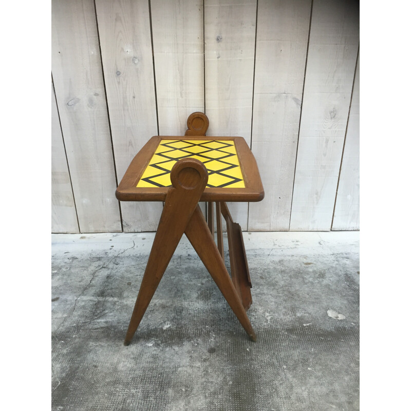 Bout de canapé en chêne et formica jaune - 1960