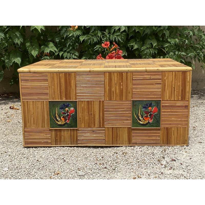 Vintage Audoux Minet bamboo and ceramic chest, 1960s