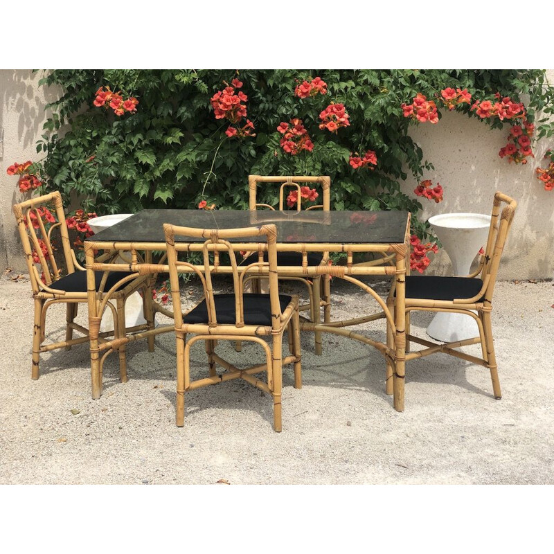 Dal Vera vintage bamboo and rattan table and 4 chairs, 1970s